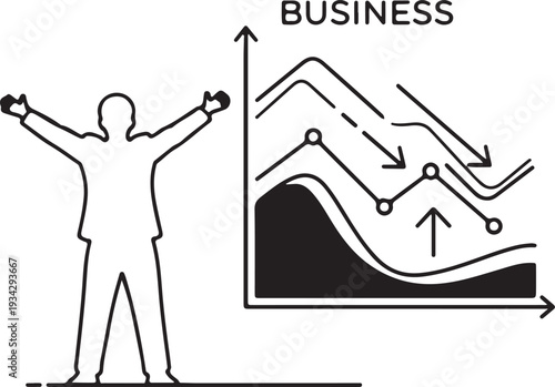 "Business performance vector illustration showing triumphant executive with chart, arrows, and data points symbolizing growth, analysis, and corporate success"