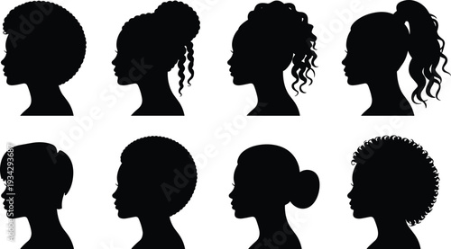 Women hairstyle silhouettes illustration set, female profile vector artwork, hair design graphics, textured styles icons collection, beauty fashion symbol