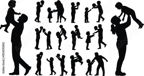 Black silhouette collection of parents playing with children and lifting toddlers for early childhood development active parenting and happy family bonding lifestyle concepts.