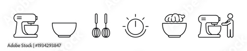 Line icons set illustrating essential kitchen tools and baking processes for various culinary projects and recipes.