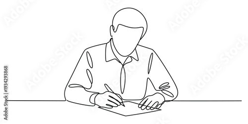 Minimalist continuous line art of a businessman writing at a desk