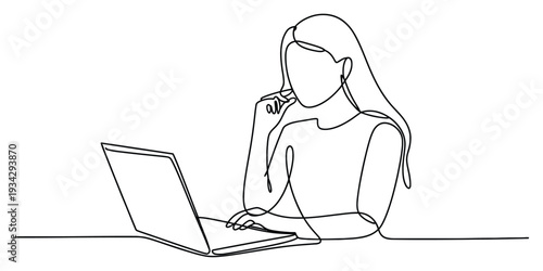 Minimalist continuous line drawing of woman working on laptop