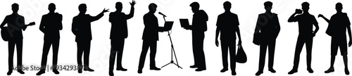 Black silhouette collection of professional men including a musician public speaker and laptop users for diverse career paths digital communication and modern business lifestyle concepts.