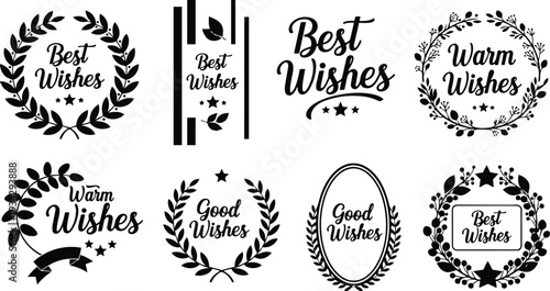 Black vintage wreath logo set close up ornamental best wishes badges in flat vector style arranged grid top view for greeting card stationery design and printable mockup