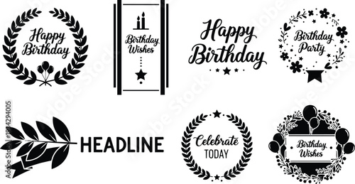 Vintage wreath badge icon set close up view of eight black birthday labels with balloons laurel frames and floral wreaths for greeting card mockup svg png mockup