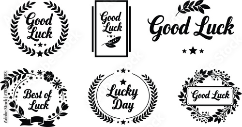 Ornamental retro badge set showing six black laurel and floral good luck emblems with script lettering isolated on white background flat vector mockup presentation editable silhouette