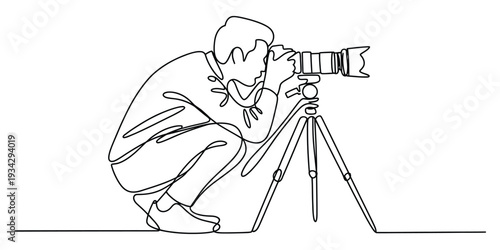 Minimalist continuous line art of a photographer with tripod