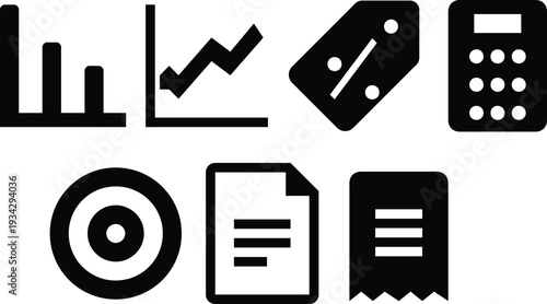Business finance icons: bar chart, line graph, discount tag, calculator, target, document, receipt for analytics and marketing