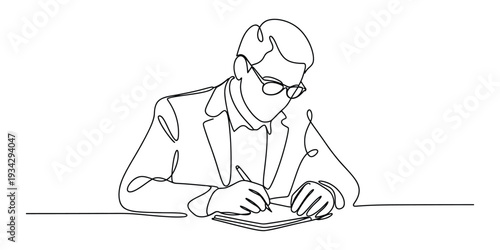 Continuous line art of professional businessman writing on paper