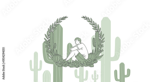 Sad Man Sitting Inside Wreath Surrounded By Cacti - Loneliness Concept