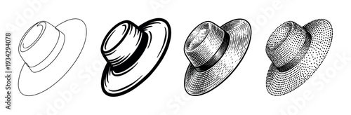 Hat vector illustration set showcasing different artistic styles from simple outline to detailed engraving and halftone dot patterns.
