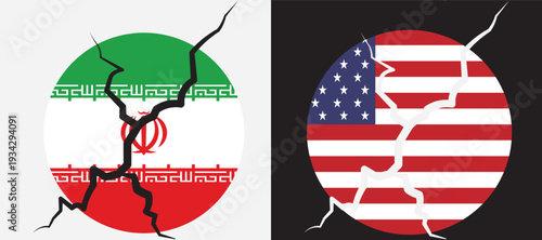 Political Conflict Concept with American and Iranian Flags. USA and Iran Fist Punch Clash. flags of the usa and iran on a cracked wall
