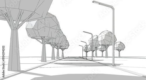Flat 2D illustration of an empty urban city park with a pathway, lined with geometric trees and street lamps on a white background.
