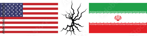 USA and Iran Fist Punch Clash. Political Conflict Concept with American and Iranian Flags. flags of the usa and iran on a cracked wall
