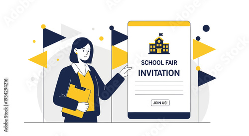 School Fair Invitation Design with Woman and Flags