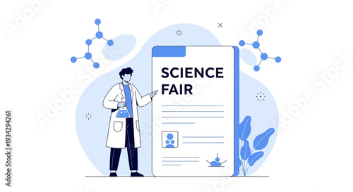Scientist at Science Fair with Molecules and Flask