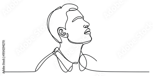 Minimalist one line drawing of a man looking upwards