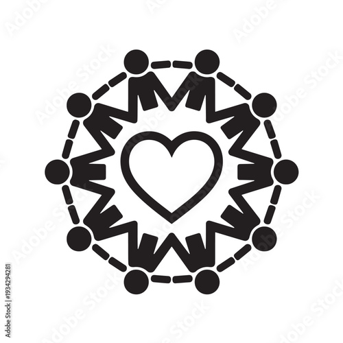 People holding hands in circle around heart symbolizing teamwork, community, friendship, social connection, and humanitarian aid