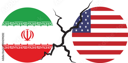 USA and Iran Fist Punch Clash. Political Conflict Concept with American and Iranian Flags. flags of the usa and iran on a cracked wall
