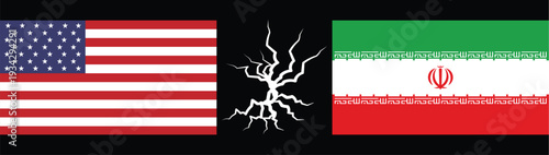 USA and Iran Fist Punch Clash. Political Conflict Concept with American and Iranian Flags. flags of the usa and iran on a cracked wall
