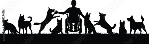 Black silhouette of a person in a wheelchair playing with a group of diverse dogs for inclusive pet ownership service animal and therapy concepts.