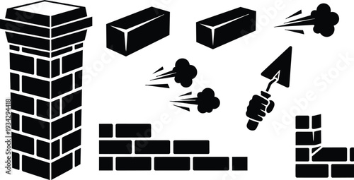 Bold black brickwork icon set showing chimney column, stacked bricks, corner wall, hand holding trowel, mortar splashes and separated brick blocks in flat stencil style vector