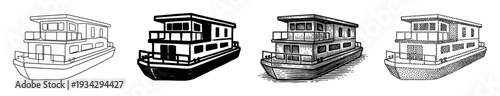 Four distinct houseboat illustrations presented in different artistic styles, ideal for a variety of water travel and leisure designs.