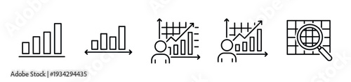 Data analysis business growth chart icons set representing financial progress and market research statistics.