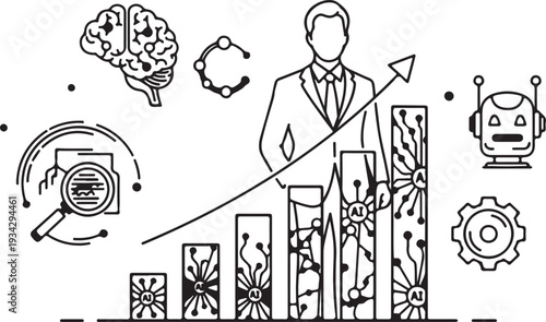 "Artificial intelligence business growth vector illustration showing executive with ascending bar chart, neural network patterns, and technology icons symbolizing innovation, data analysis, and succes