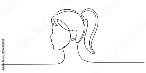 Minimalist one line drawing of woman with ponytail profile