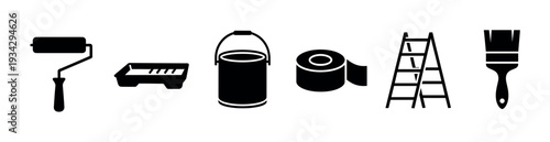 Various painting and home improvement tools vector icons set showcasing essential equipment for renovation and DIY projects.