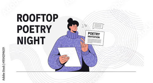 Rooftop Poetry Night Event Announcement with Woman Holding Invitation