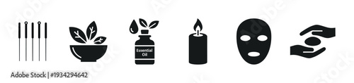 Wellness spa icons set for natural health and relaxation, featuring various holistic therapy symbols in a clean design.