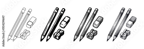Collection of pencils, erasers, and sharpeners illustrates different artistic rendering techniques for school supplies.