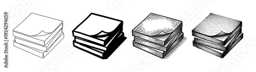 Stacked sticky notes paper pads in various artistic styles including outline, solid, hatching, and stippling for design.
