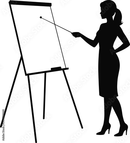 Black silhouette of a professional woman with a pointer giving a business presentation at a flipchart for corporate training and office seminar concepts.