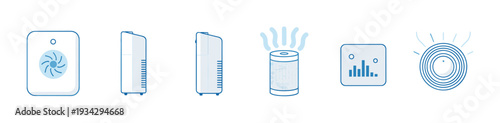Smart home air quality control system icons depicting various modern environmental technology solutions for healthy living spaces.