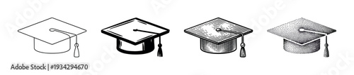Four distinct graduation caps representing academic achievement and success are displayed in various artistic illustration styles.