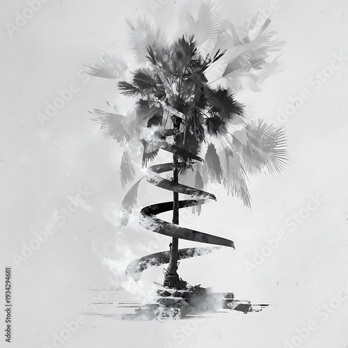 Surreal black and white palm tree with twisted trunk