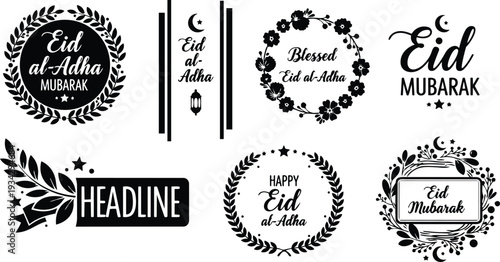 Minimalist black eid al adha badge set close up ornamental wreaths lantern calligraphy arranged for greeting card mockup svg png decorative vector icons vintage handwritten circle stamped isolated