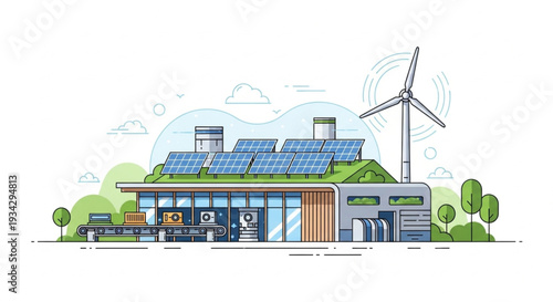 Modern building with solar panels and wind turbine for renewable energy.