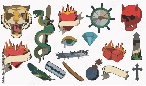 Old School Tattoo Sticker Pack Vector Collection with Tiger Snake Dagger Heart and Vintage Flash Designs