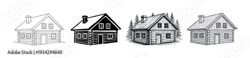 Four distinct rustic log cabin house illustrations showcasing various artistic techniques for architectural design elements.