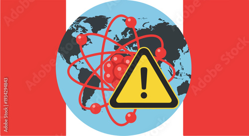 A graphic illustration depicting a global nuclear warning, with an atom structure and a hazard sign over a world map, set against a red and white background.