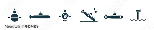Submarines icons set featuring various underwater vehicles and equipment for marine exploration and military operations.
