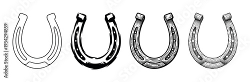 Four different horseshoes in various artistic styles, including outline, solid, engraved, and stippled designs.