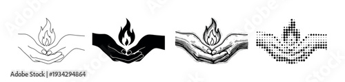 Hands holding a flame depicted in a collection of diverse graphic styles, symbolizing warmth, care, and inner light.