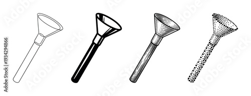 Four distinct funnel tool illustrations showcasing various artistic styles including outline, solid, hatched, and dotted patterns.