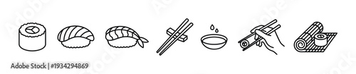 Sushi icons set with various Japanese food elements and tools for preparing and enjoying delicious Asian cuisine.