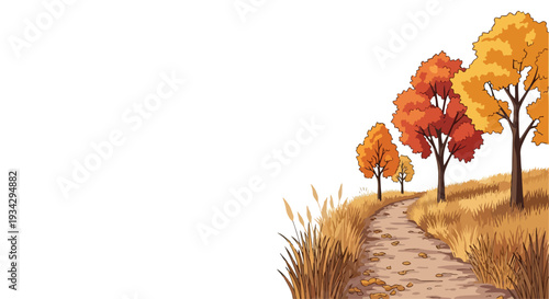 Illustration of a serene urban city park with an empty pathway leading through trees with vibrant autumn foliage in a flat 2D style.